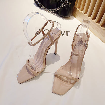 Style new fashion stiletto sandals sweet date one line buckle long square head high heels women's shoes