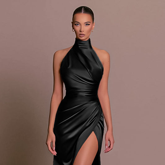 new temperament stand collar long skirt wind halter sleeveless slit slimming dress