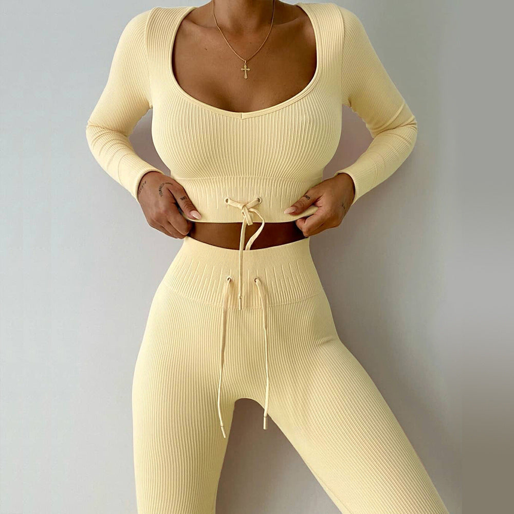 seamless knit long sleeve sports fitness set Outdoor waist strap yoga wear set
