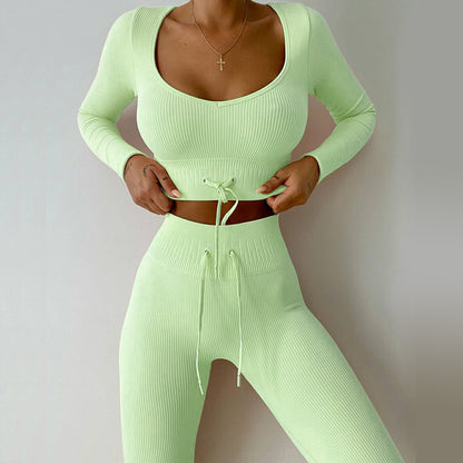 seamless knit long sleeve sports fitness set Outdoor waist strap yoga wear set