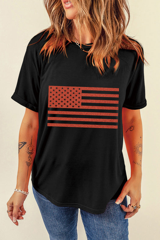 RED USA Flag Round Neck Short Sleeve T-Shirt