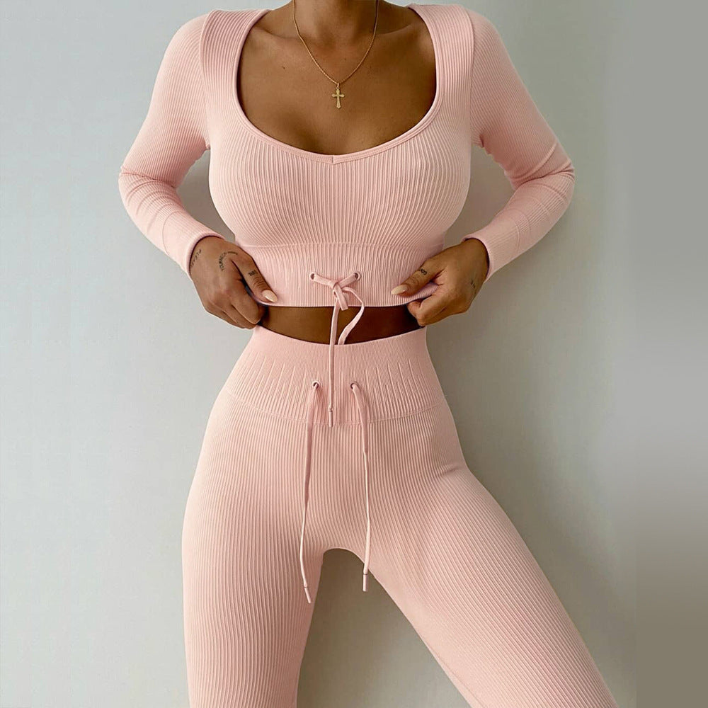 seamless knit long sleeve sports fitness set Outdoor waist strap yoga wear set