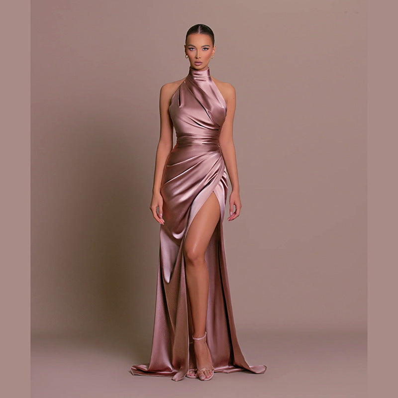 new temperament stand collar long skirt wind halter sleeveless slit slimming dress