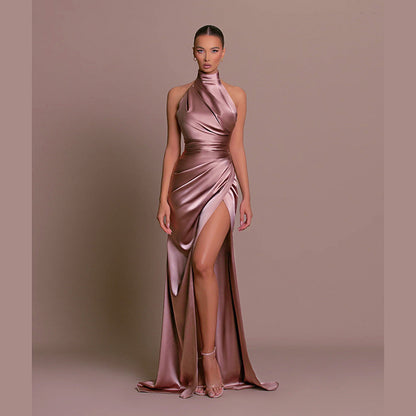 new temperament stand collar long skirt wind halter sleeveless slit slimming dress