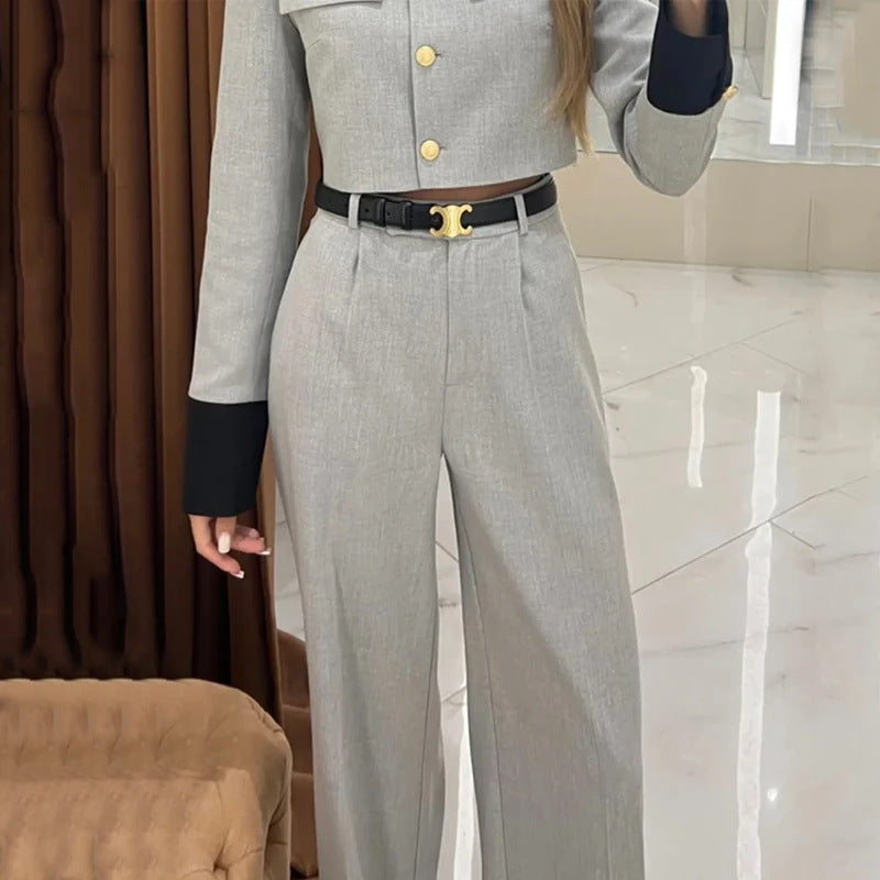 Color contrast elegant wide leg trouser two piece suit