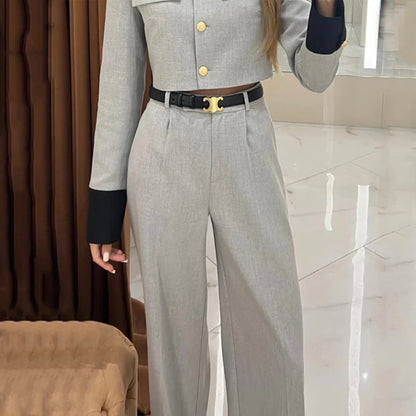Color contrast elegant wide leg trouser two piece suit