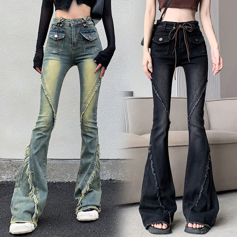 micro cropped denim, high-waisted stretch flared pants