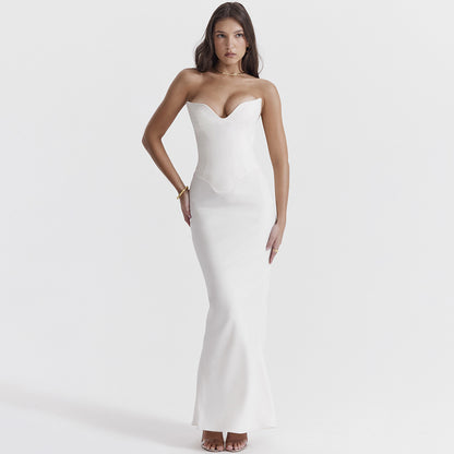 Sexy V-neck fishbone strapless backless dress Elegant slim evening gown white dress