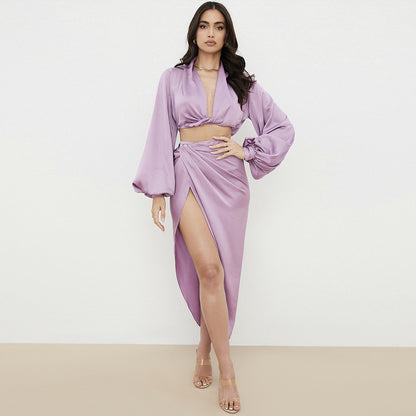 Long sleeve deep V crop top high slit skirt set - satin dress