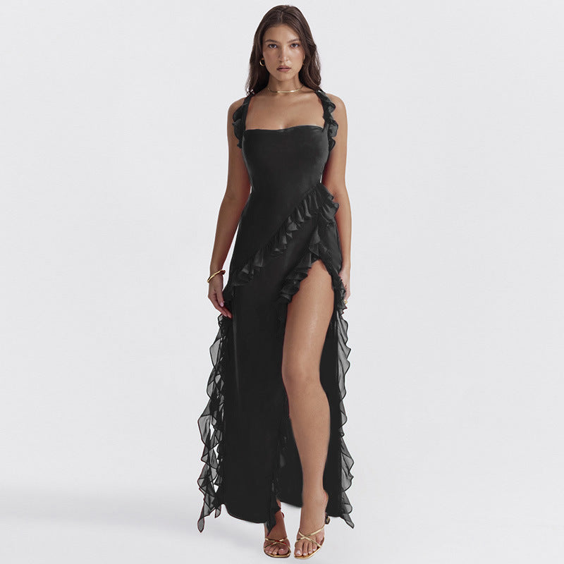 New fashion wooden ear edge splicing temperament split dress