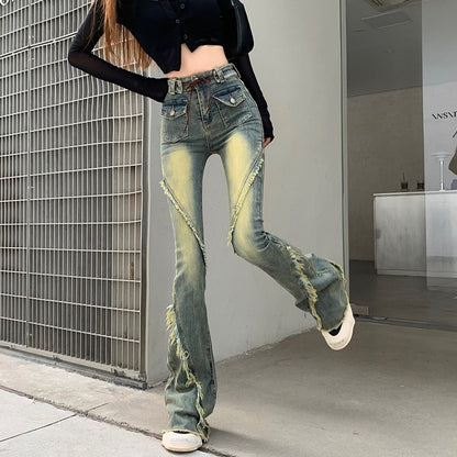 micro cropped denim, high-waisted stretch flared pants