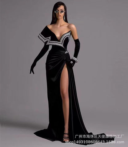 Off shoulder Long sleeve studded bead Sexy fishtail dress with high slit V-neck evening gown