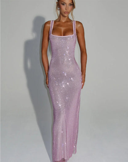 Sequined mesh diamond halter dress with a cinched waist dress