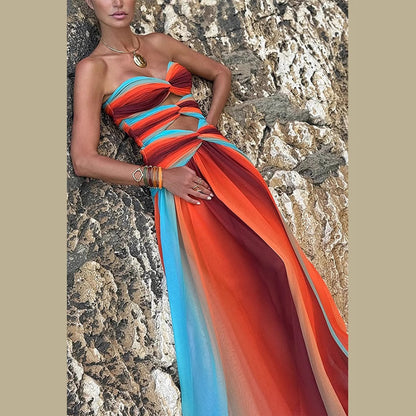 Temperament strapless hollow backless color blocked long skirt