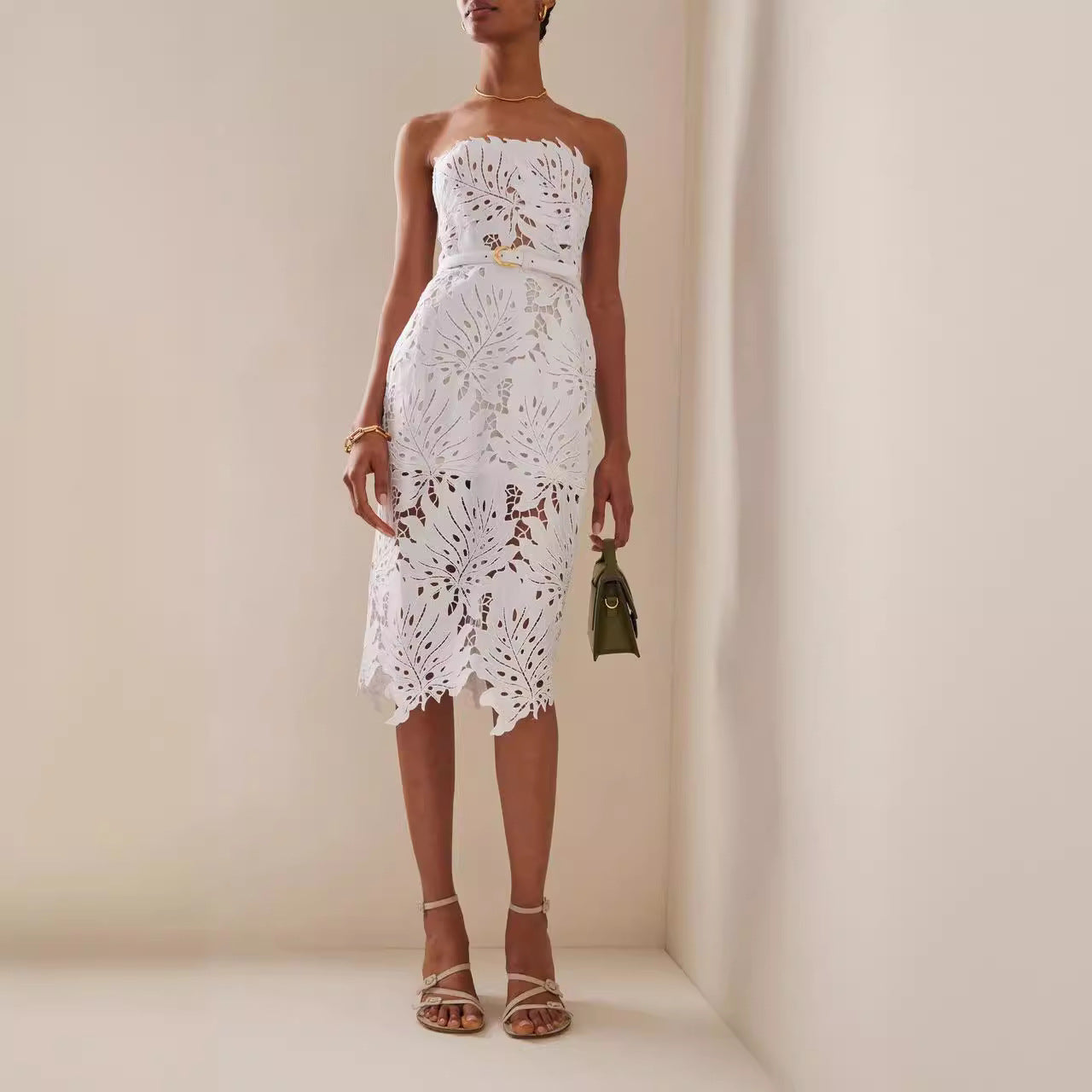 Strapless maple Leaf lace belt slim bandage dress
