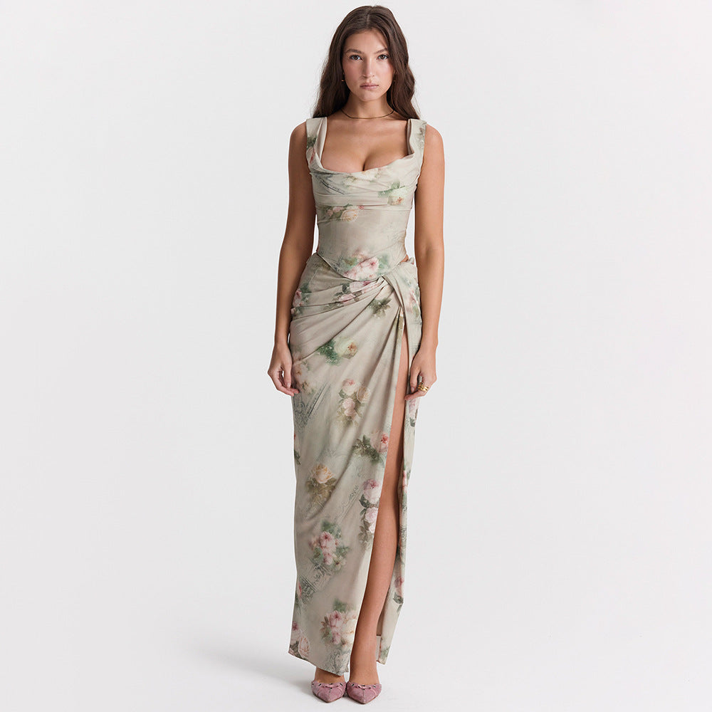 chiffon print  halter crop top skirt split long skirt two-piece set