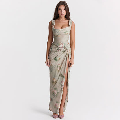 chiffon print  halter crop top skirt split long skirt two-piece set