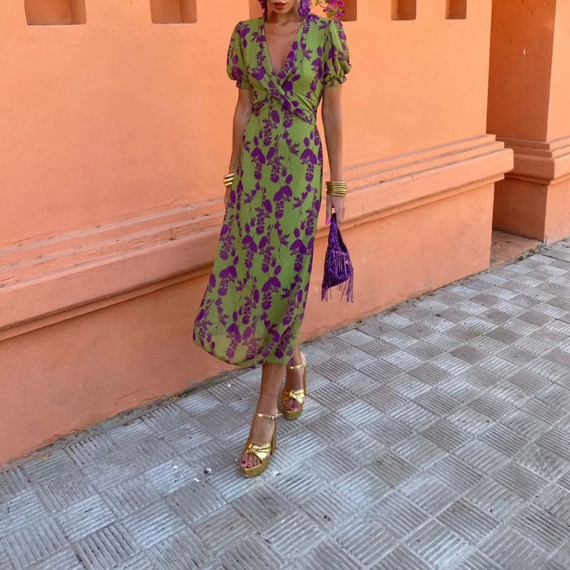 Women's fashion color printed long dress elegant slim V-neck short-sleeve