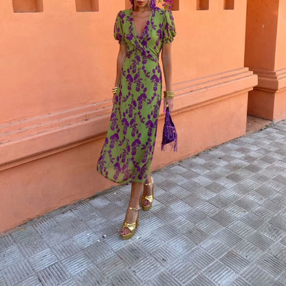 Women's fashion color printed long dress elegant slim V-neck short-sleeve