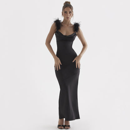 Women's new spring true feather slip dress slim bare backpack hip long dress black dress