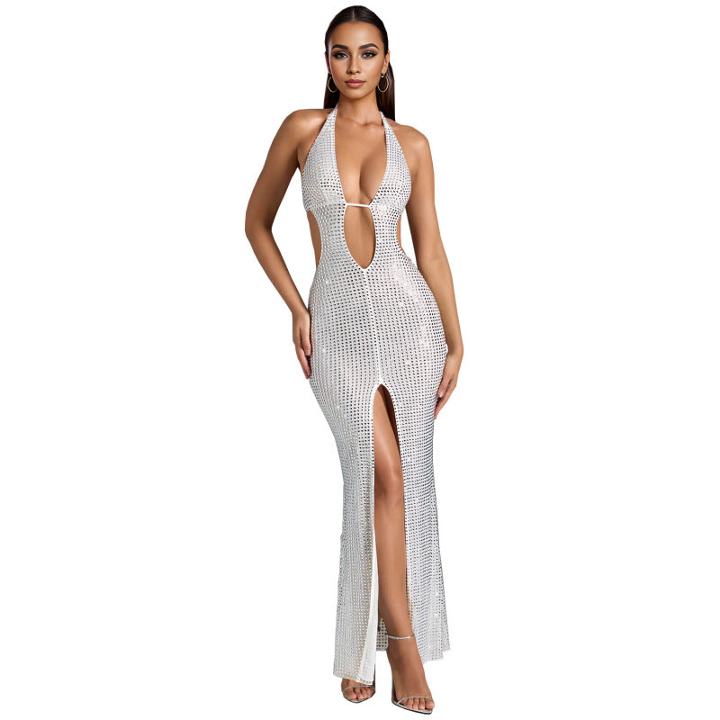 Sleeveless. plunging neck rhinestone split dress
