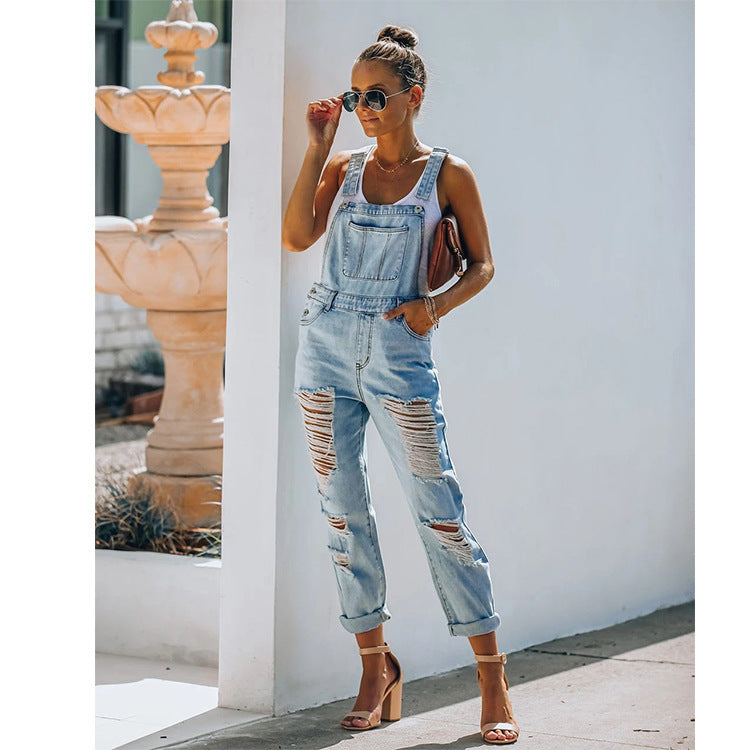 Cross-border European style women denim jumpsuit light color