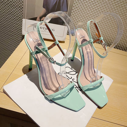 Style new fashion stiletto sandals sweet date one line buckle long square head high heels women's shoes