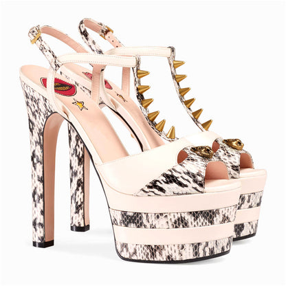 New fashion show round head high heels rivets collocation color hollow large size fish mouth sandals woman