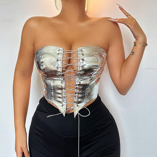 summer new fashion people all fit bright leather strap girded waist with chest vest