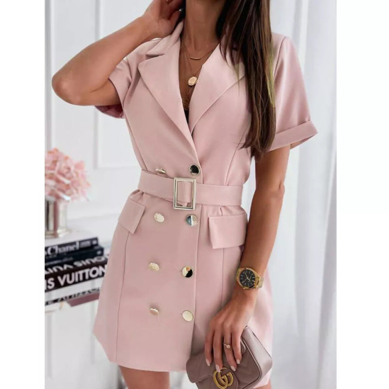 Short-sleeved double button suit collar dress