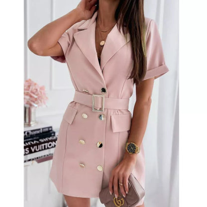 Short-sleeved double button suit collar dress