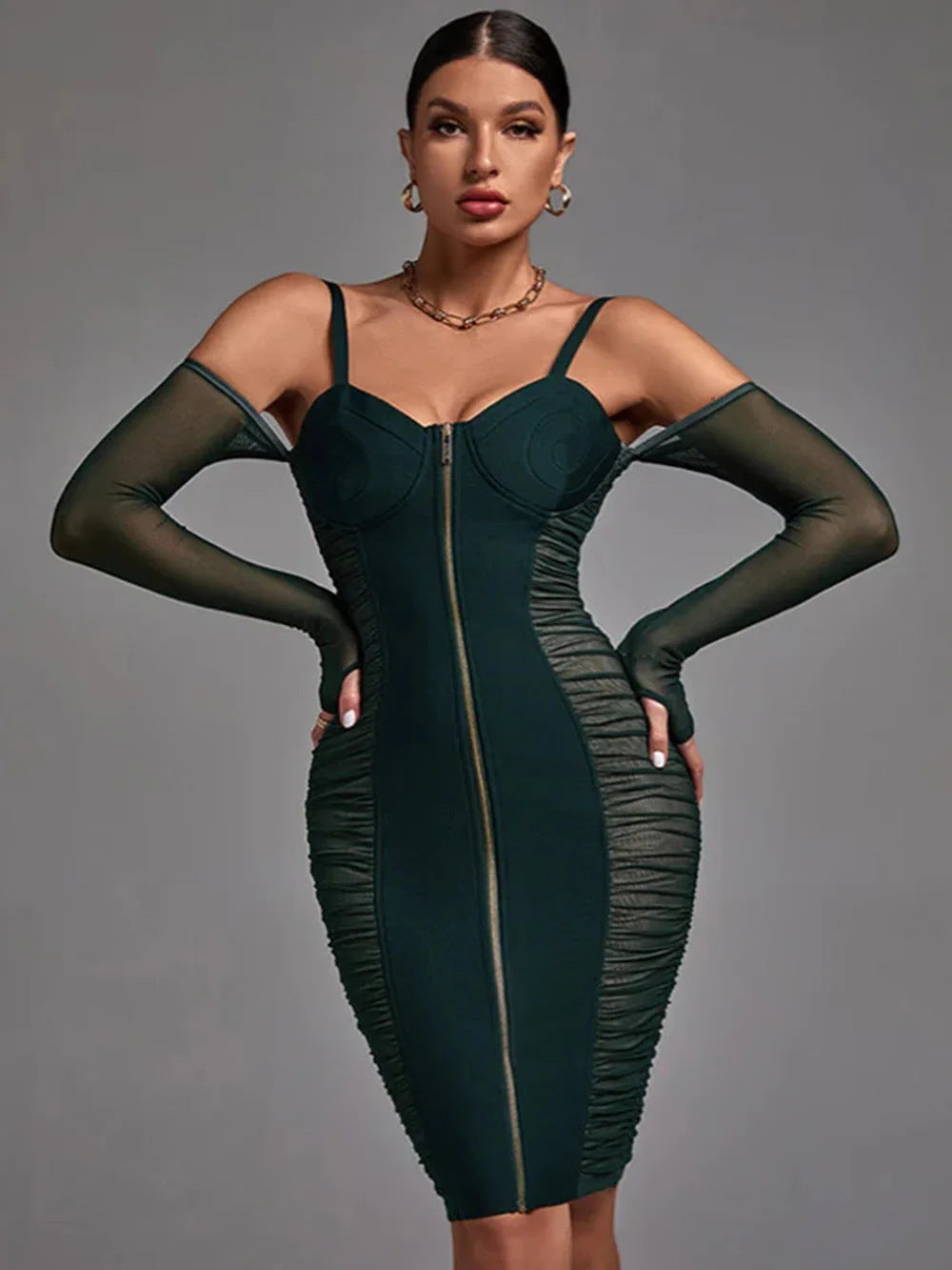 Net perspective pure desire Spice Girl strapless long sleeve halter hollow lace pleated dress sheath super spicy
