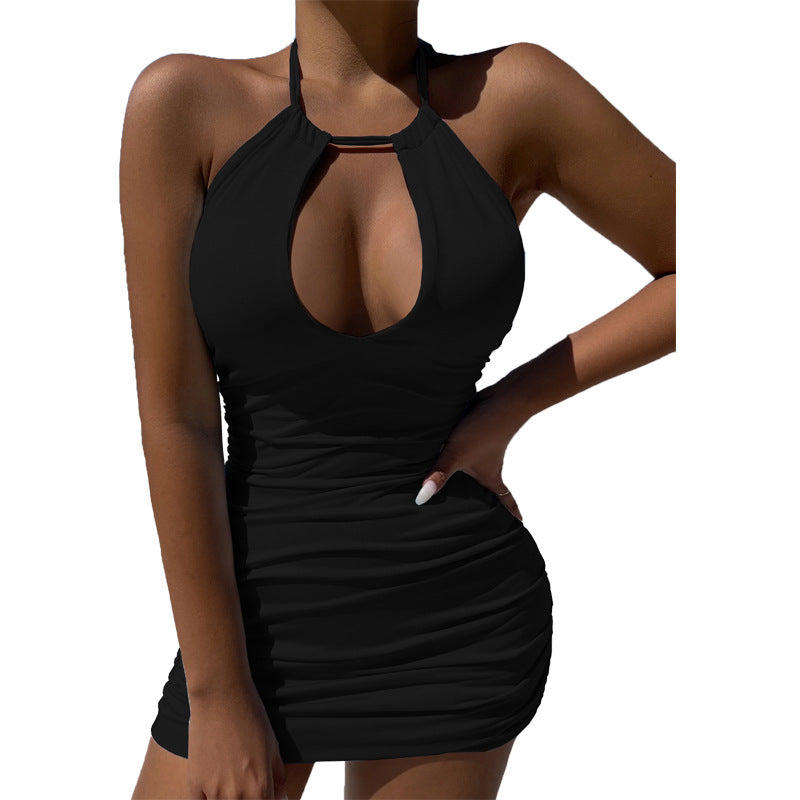 Summer new halter dress hollow pleated hip wrap skirt