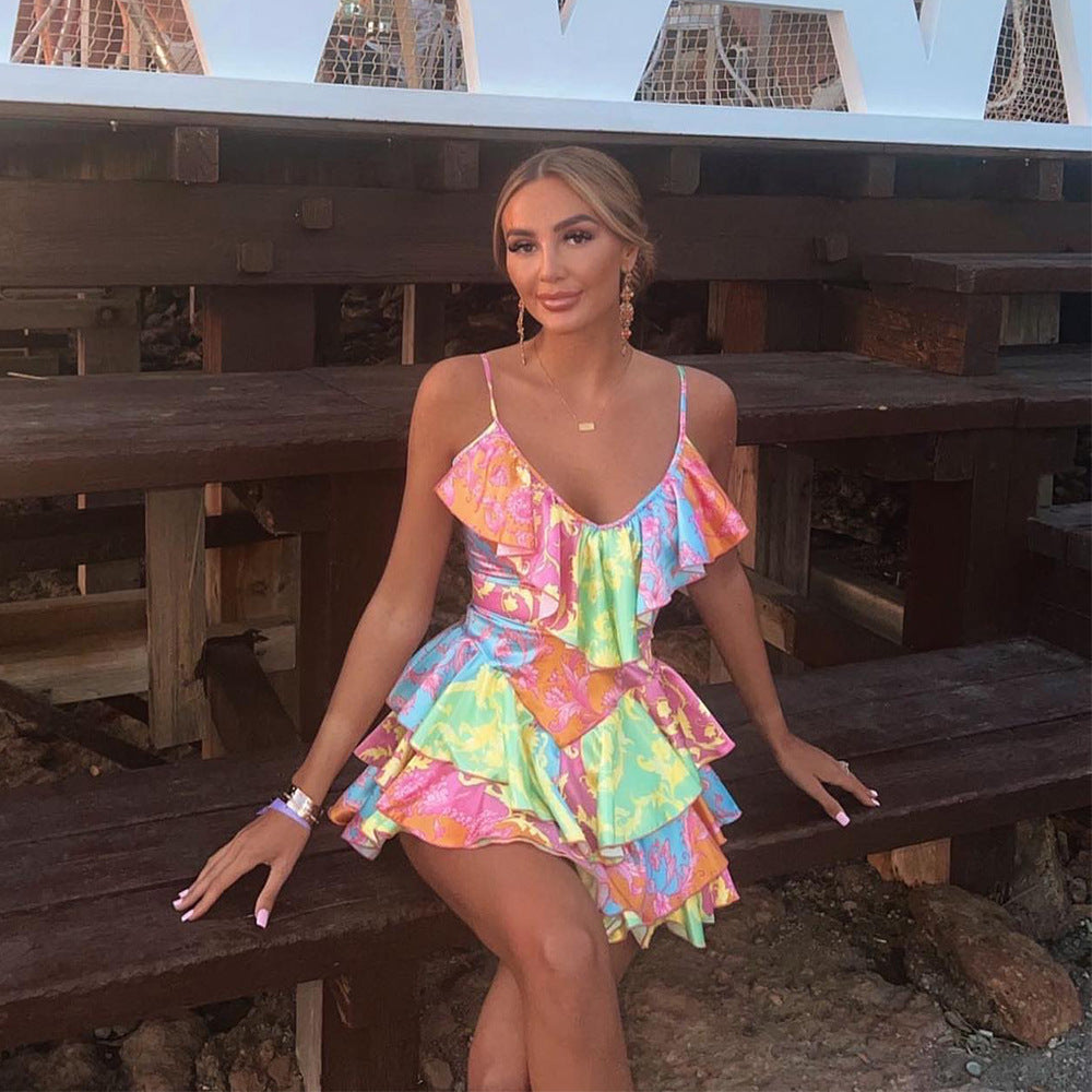 Sweet and spicy wind women's dress deep V backless floral skirt halter dress