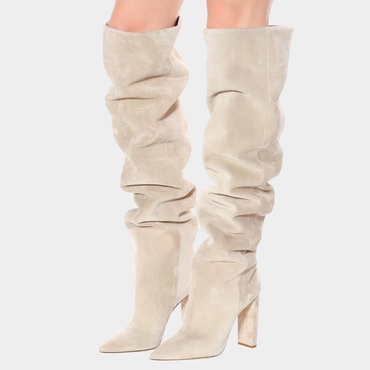 Fashion style creased boots beige white red frosted over knee boots thick heels women's boots big size