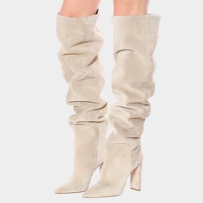 Fashion style creased boots beige white red frosted over knee boots thick heels women's boots big size