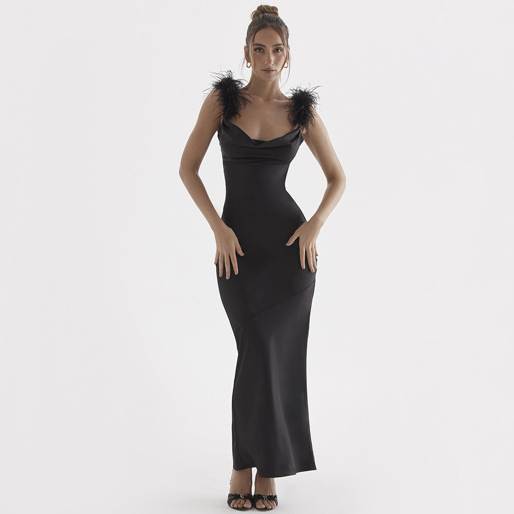 Women's new spring true feather slip dress slim bare backpack hip long dress black dress