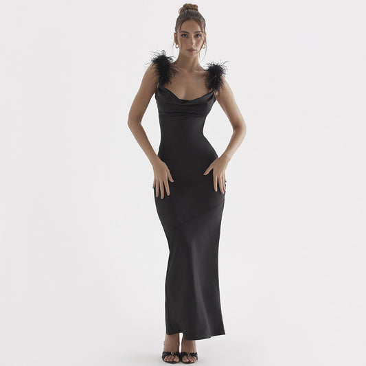 Women's new spring true feather slip dress slim bare backpack hip long dress black dress