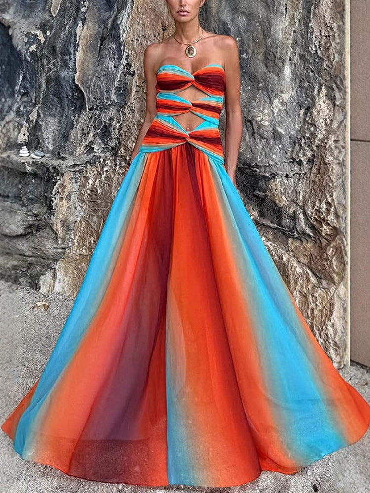 Temperament strapless hollow backless color blocked long skirt