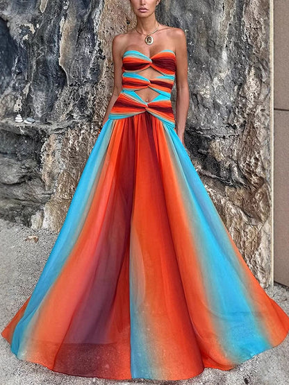 Temperament strapless hollow backless color blocked long skirt