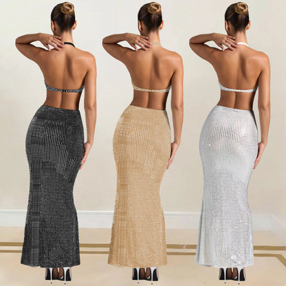 Sleeveless. plunging neck rhinestone split dress