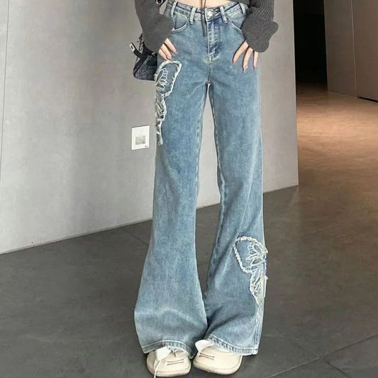 Vintage micro cut jeans women's spring summer embroidery butterfly high waist slimming straight leg pants