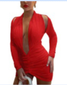 Autumn and winter dress solid color long sleeve V-neck neck pleated new dress