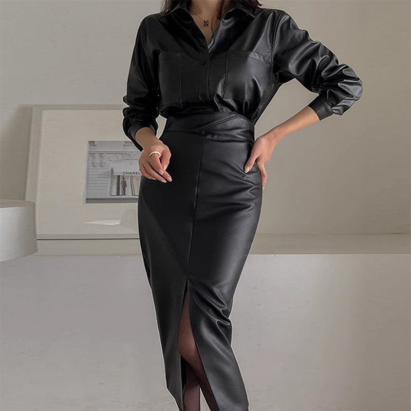 Slit leather skirt autumn and winter new high-waisted royal sister wrapped hip skirt all temperament one step long