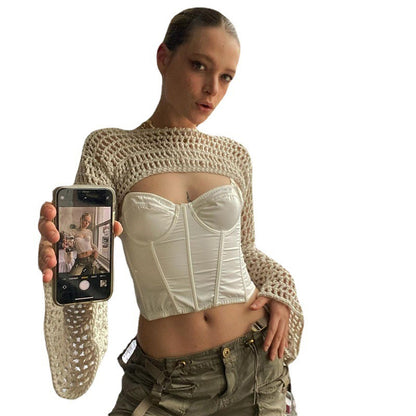 Years of wind wool woven crochet hollowed out horn, sleeve short smock fashion new solid color