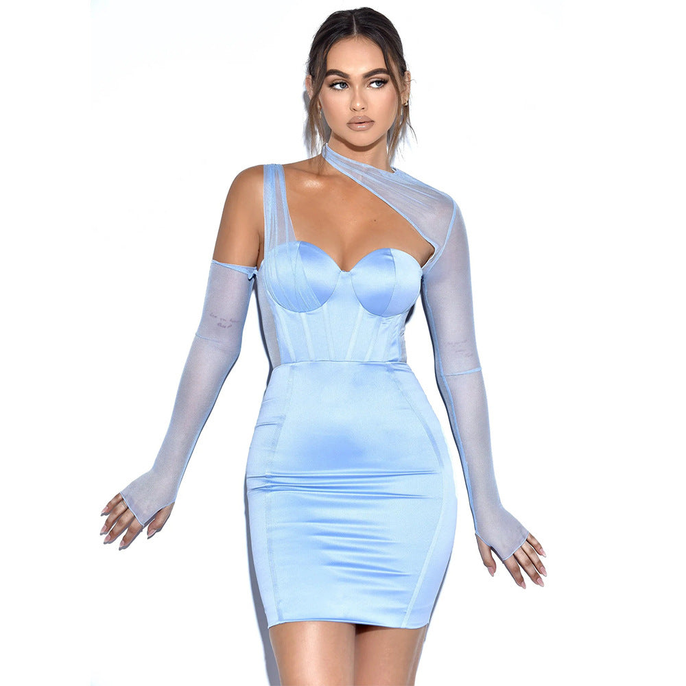 diagonal shoulder splicing mesh fishbone backless sexy hip wrap slim dress