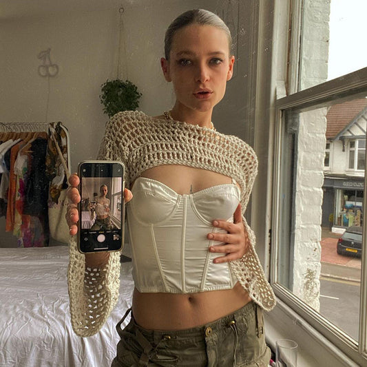 Years of wind wool woven crochet hollowed out horn, sleeve short smock fashion new solid color