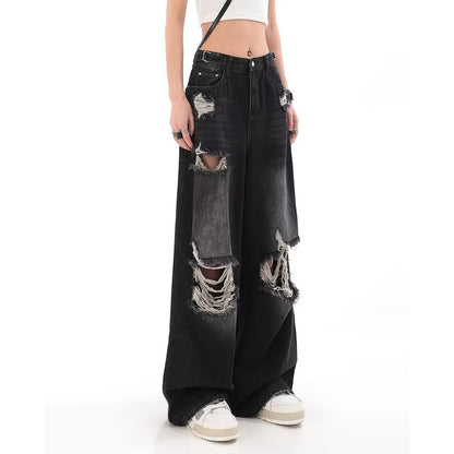 Black ripped jeans straight floor-length wide-leg