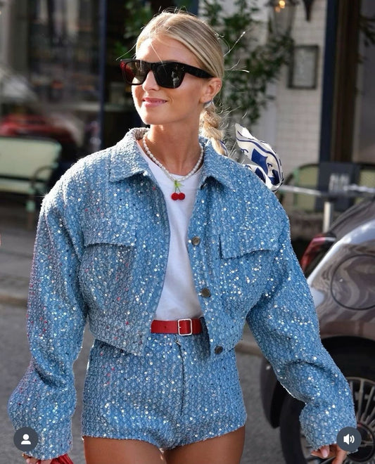 24 Spring/Summer Women's ZA denim sequin jacket short jacket + shorts HY100