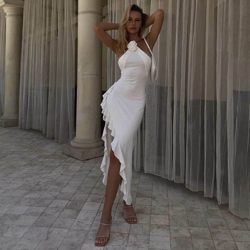 New style fashion temperament neckline lace dress  slim three-dimensional flower slit dress female